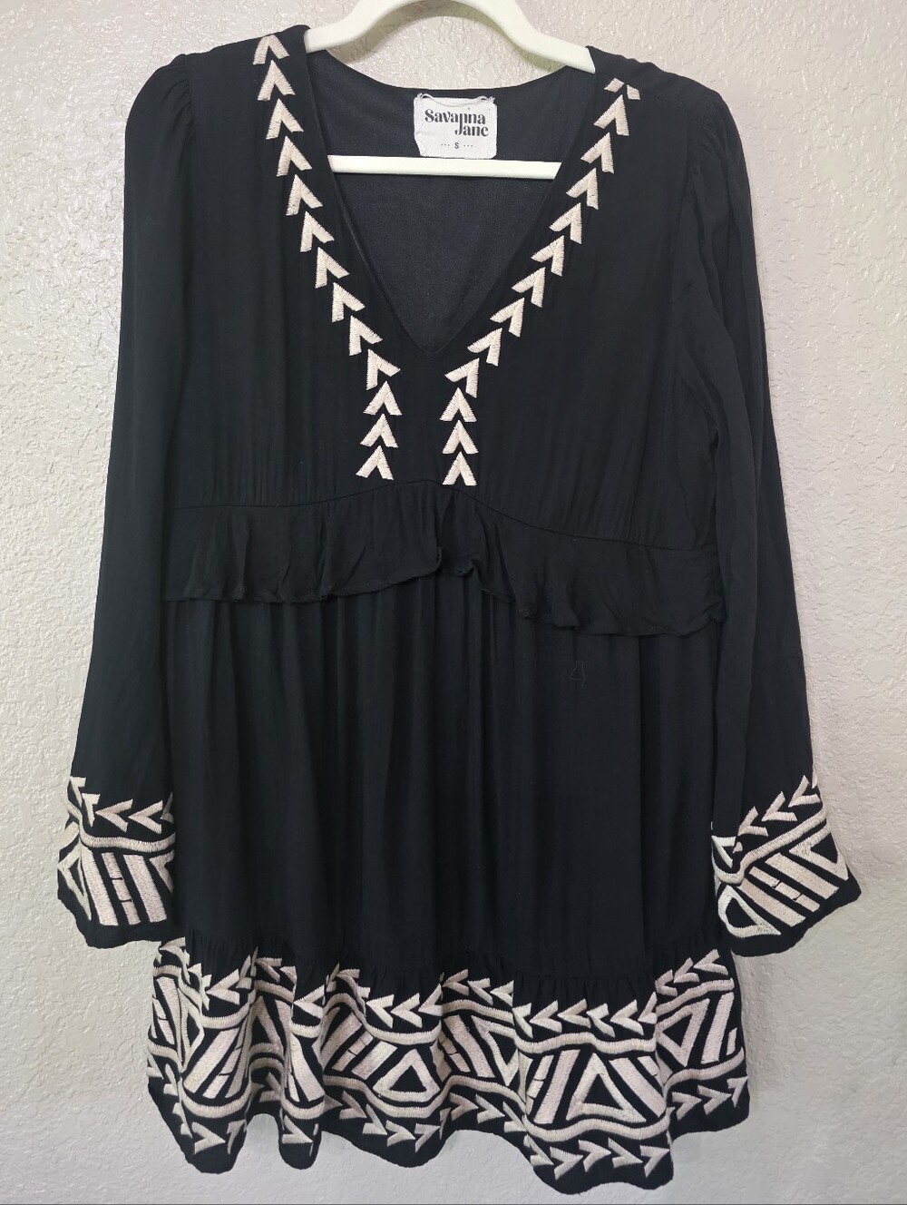 Savanna Jane Boho Black Tunic with Cream Geometric Embroidery
